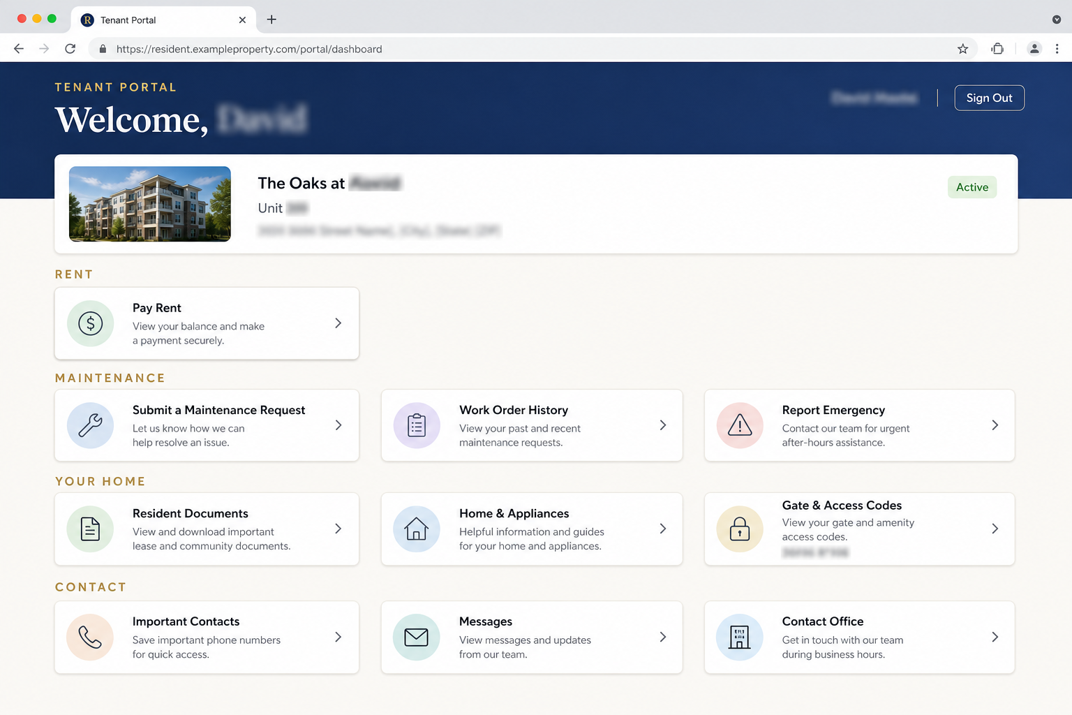Venway Real Estate proprietary resident portal dashboard showing rent payment, maintenance requests, documents, and contacts, with resident data blurred for privacy